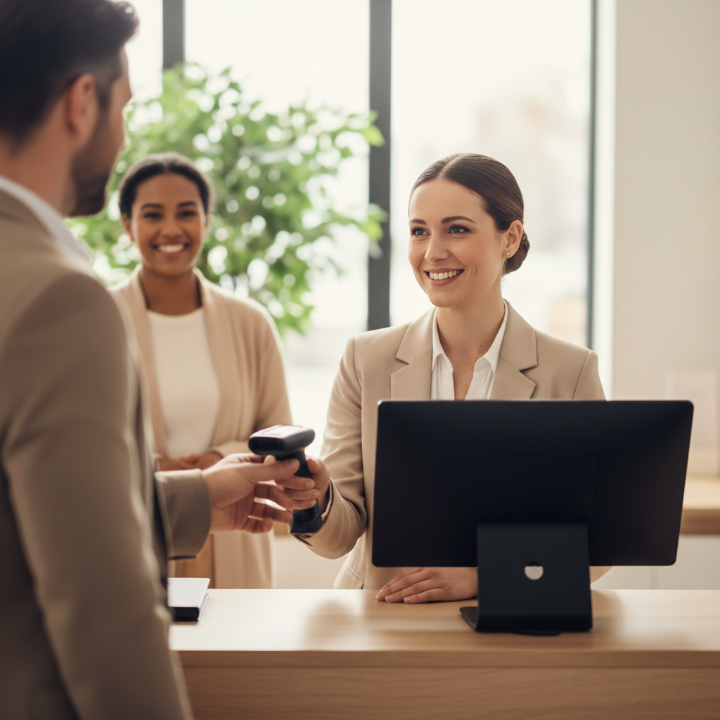 gent d'accueil avec un lecteur de code-barres pour le contrôle d'accès des visiteurs
