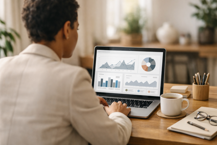 Directeur de musée consultant les statistiques de fréquentation et tableaux de bord analytiques sur ordinateur