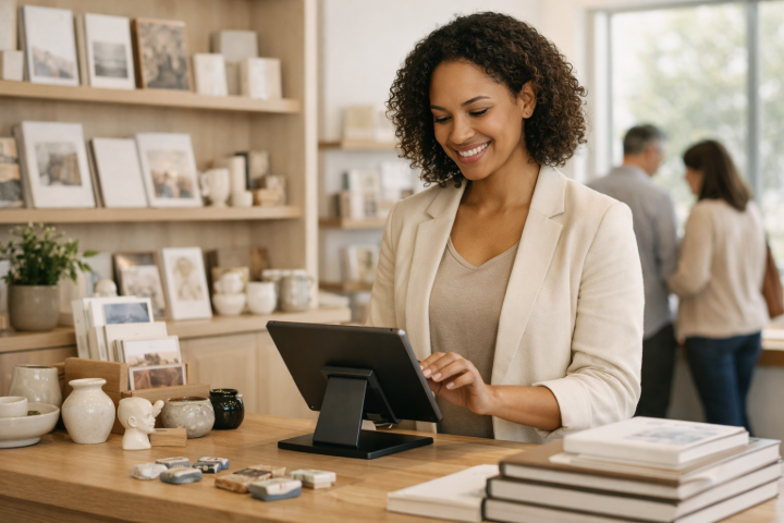 ersonnel de musée utilisant un point de vente tactile pour gérer la billetterie et les ventes à la boutique