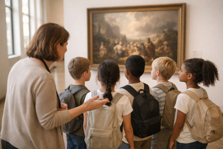 Guide accompagnant un groupe d'enfants lors d'une visite scolaire dans un musée devant une œuvre d'art